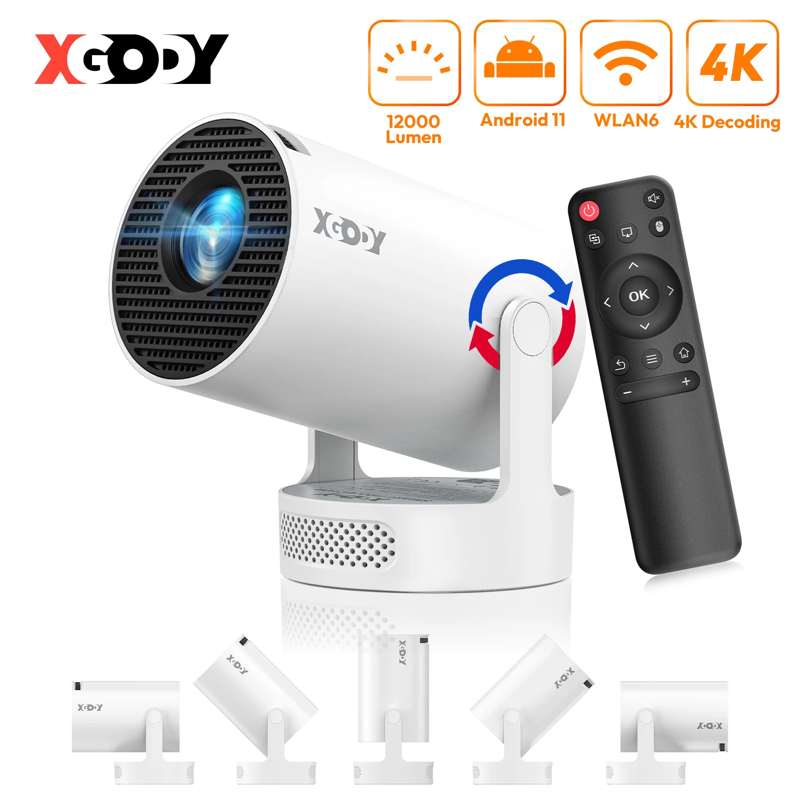 جهاز عرض XGODY محمول Gimbal 3S 12000LM 4K 2.4G/5G WiFi بلوتوث 5.4 أندرويد 11 جهاز عرض محمول للمسرح المنزلي الصغير