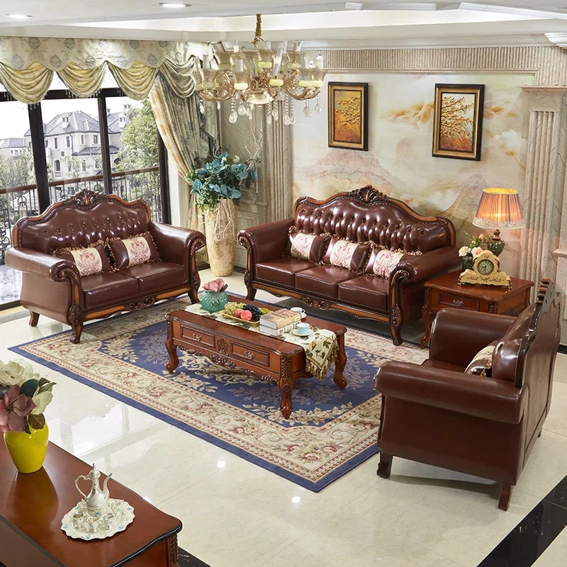 European Leather Sofa 123 Combination Small Apartment Living Room Solid Wood Carving Flower Retro Style American Luxury Furnitur