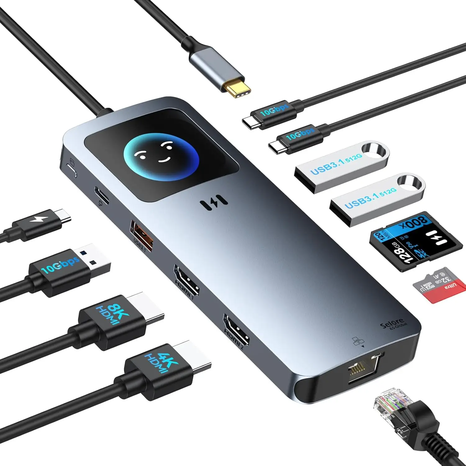 

12-in-1 USB-C Docking Station with Smart LCD Display, Dual Monitor Support, 100W PD, 10Gbps Ports, and 2.5G Ethernet for Laptops