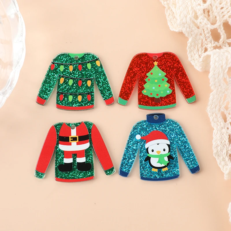 8pcs Christmas Charms Creative Acrylic Cute Multicolour Sweater Pendant Fashion Accessories For Diy Making