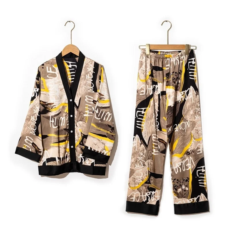 Lisacmvpnel Ice Silk Pajamas Women\'s Spring Autumn New Light Luxury Satin Chiffon Set Sleepwear