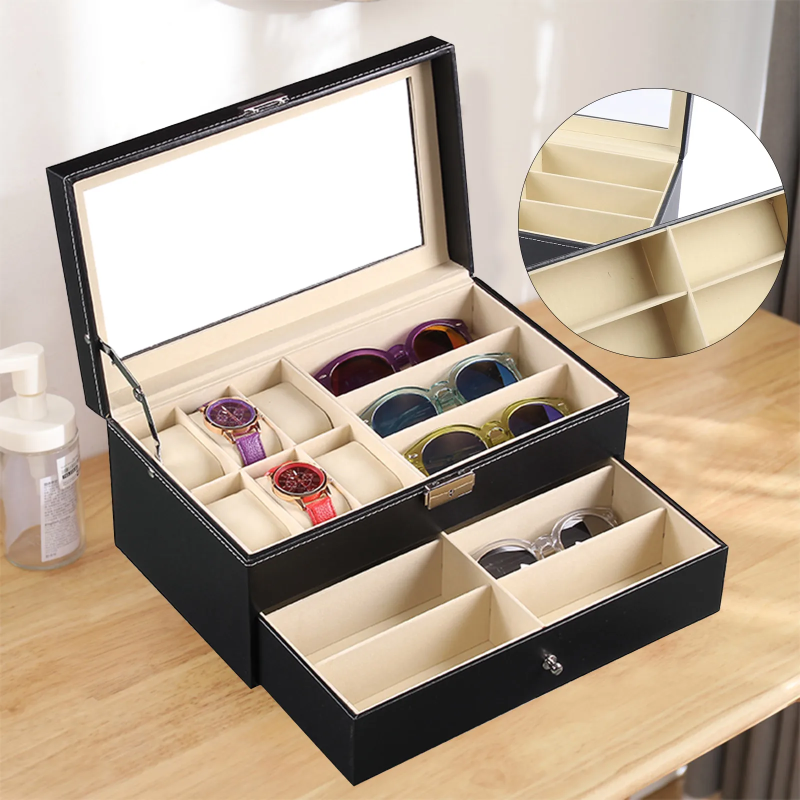 Black Leather 6 Watch Box Jewelry Case and 9 Piece Eyeglasses Storage and Sunglass Glasses Display