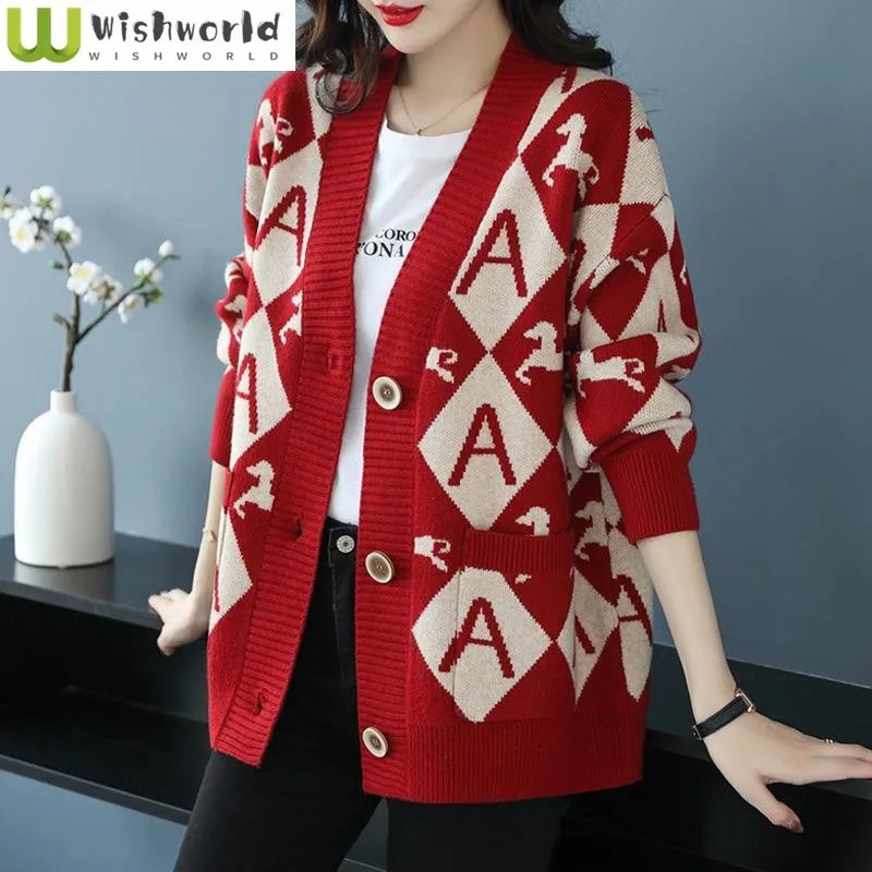 2023 Autumn/Winter New Korean Version Lazy Loose Jacquard Color Block Knitted Cardigan Overlay with Large Sweater Coat for Women