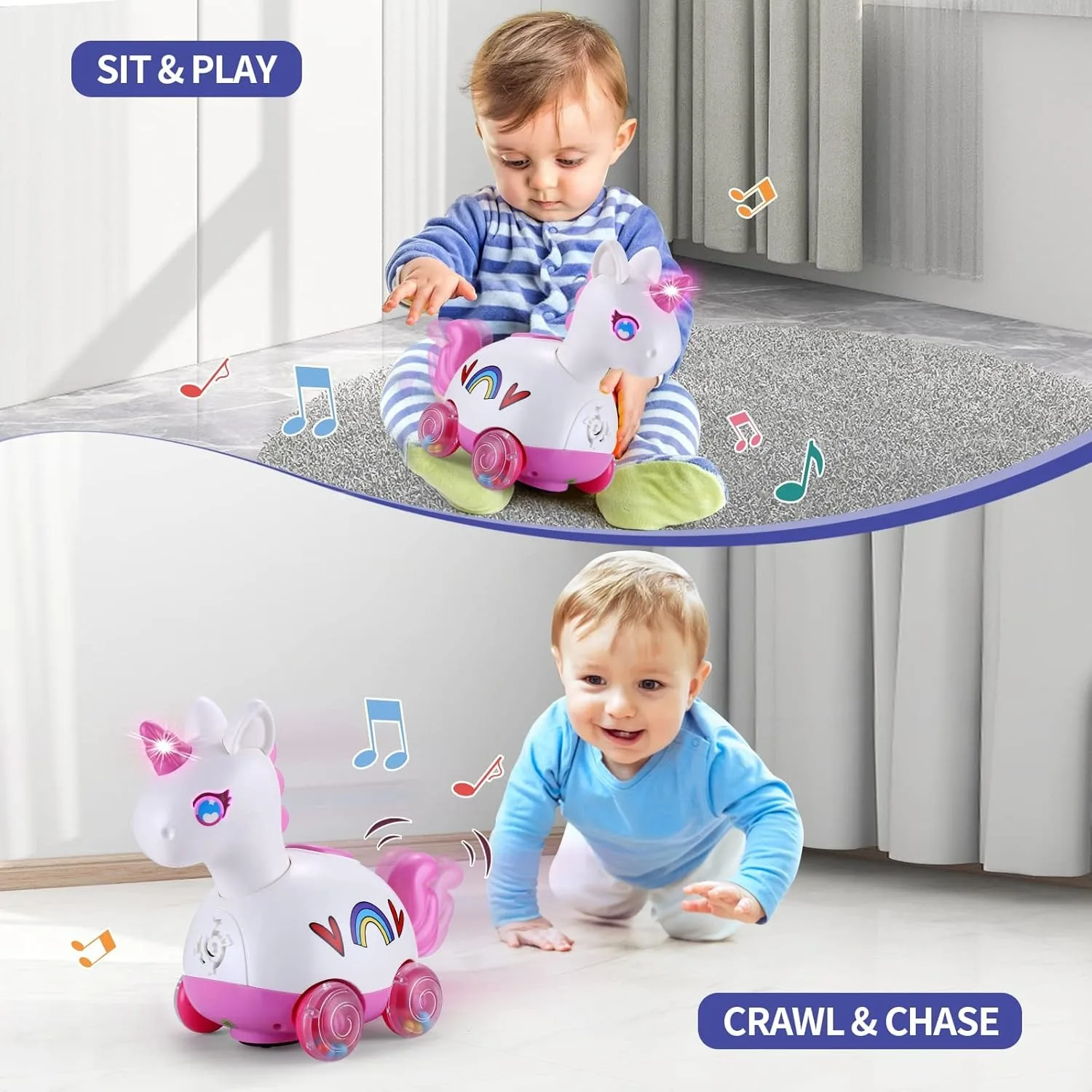 Giocattolo infantile illuminato musicale unicorno per neonate 3-18 mesi Tempo della pancia Attività di apprendimento strisciante Regalo perfetto per il primo compleanno