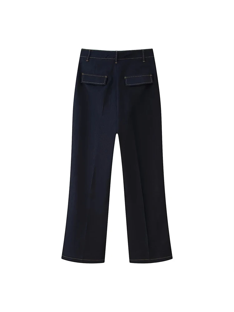 بنطلون جينز نسائي بساق مستقيمة باللون الكحلي وياقة مع طية صدر وسترة جينز بأكمام طويلة وصدّار واحد وملابس غير رسمية للنساء