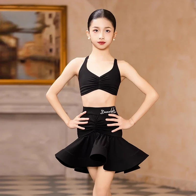 ชุดเต้นลาตินเด็กผู้หญิงสีดำ ปี 2025 เสื้อเปิดหลัง ชุดเต้นสวิง ซัมบัลุมบา สำหรับฝึกซ้อมและการแสดง