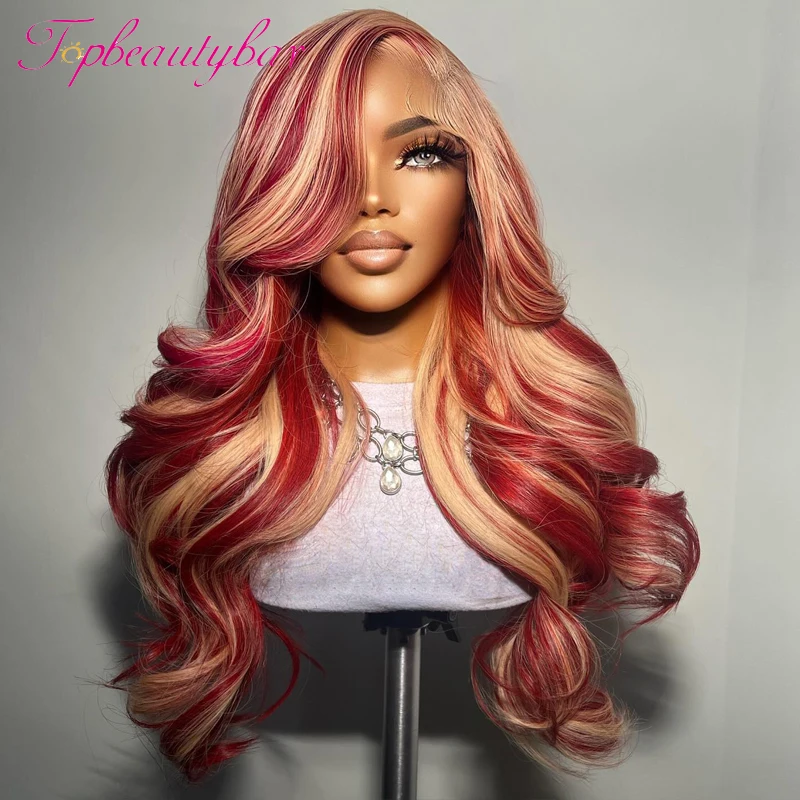 

Red and Blonde Color Peruvian 13X4 Lace Front Human Hair Wigs For Women Pre-Plucked 180% Remy Wavy Red Highlight Color Wigs