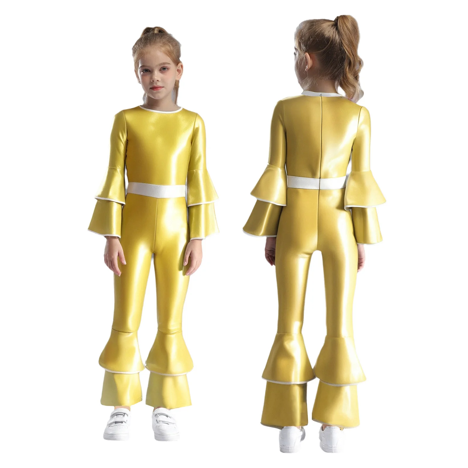

Детский карнавальный костюм в стиле диско-хиппи для девочек 70-80 годов, блестящий металлический расклешенный комбинезон с длинными рукавами для Хэллоуина, карнавала, тематической вечеринки