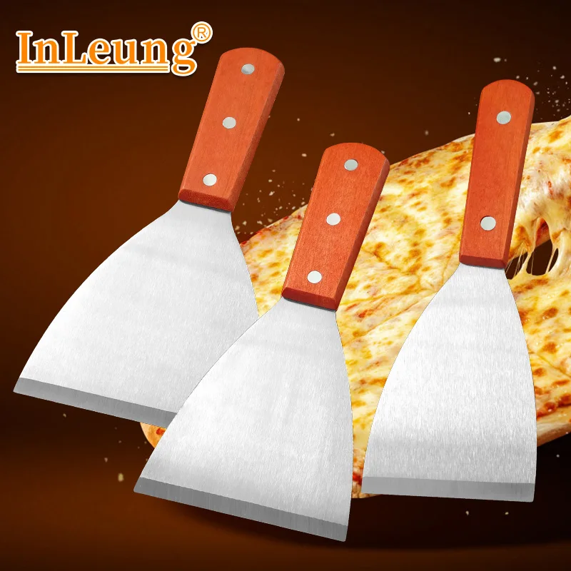 قواطع البيتزا ملعقة مائلة ستيك برغر فطيرة البيتزا مكشطة مجرفة أواني المطبخ الشواء مقبض خشبي الفولاذ المقاوم للصدأ #1