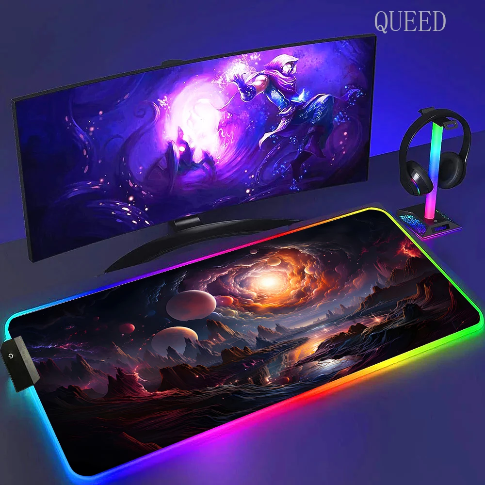 Led Large Desk Mat Fantasy Mountain Landscape Rgb Mousepad Carpet with Backlight Mausepad Lockrand Colorful Mouse Pad Desk Mats