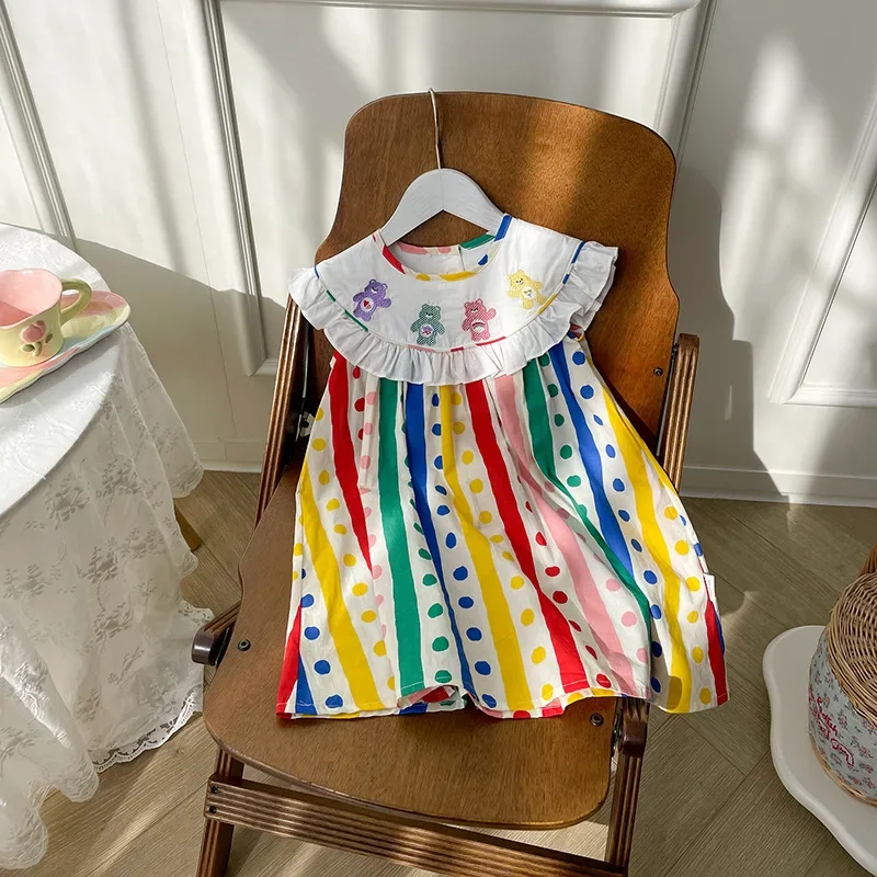 New Kid Girl Cute Sleeveless Dress White Ruffled Collar Bear Patterns Skirt Colorful Vertical Stripes Polka Dots Children Dress