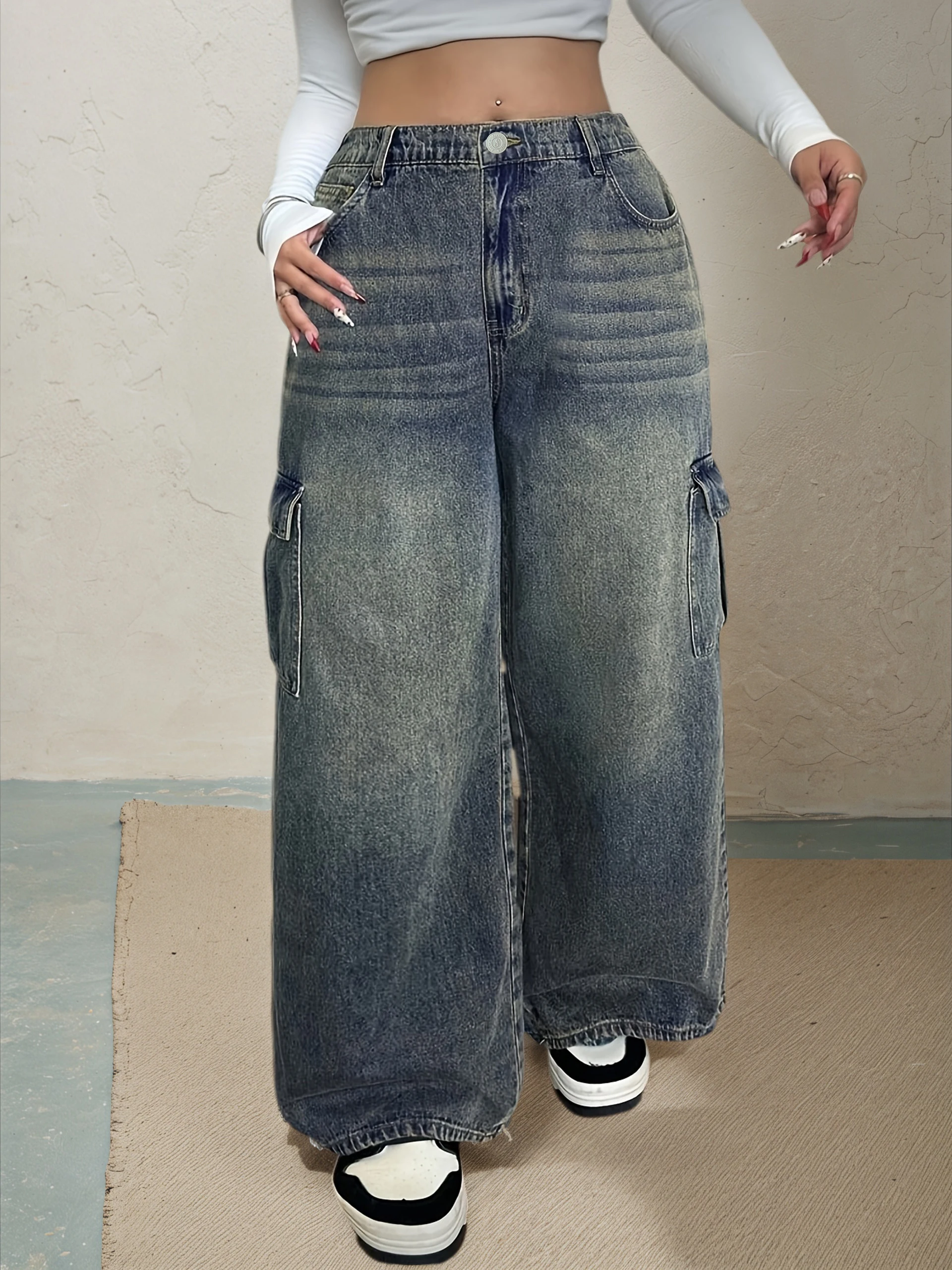 

Джинсы для женщин больших размеров, повседневные, синие, выбеленные, свободного кроя, прямые штанины