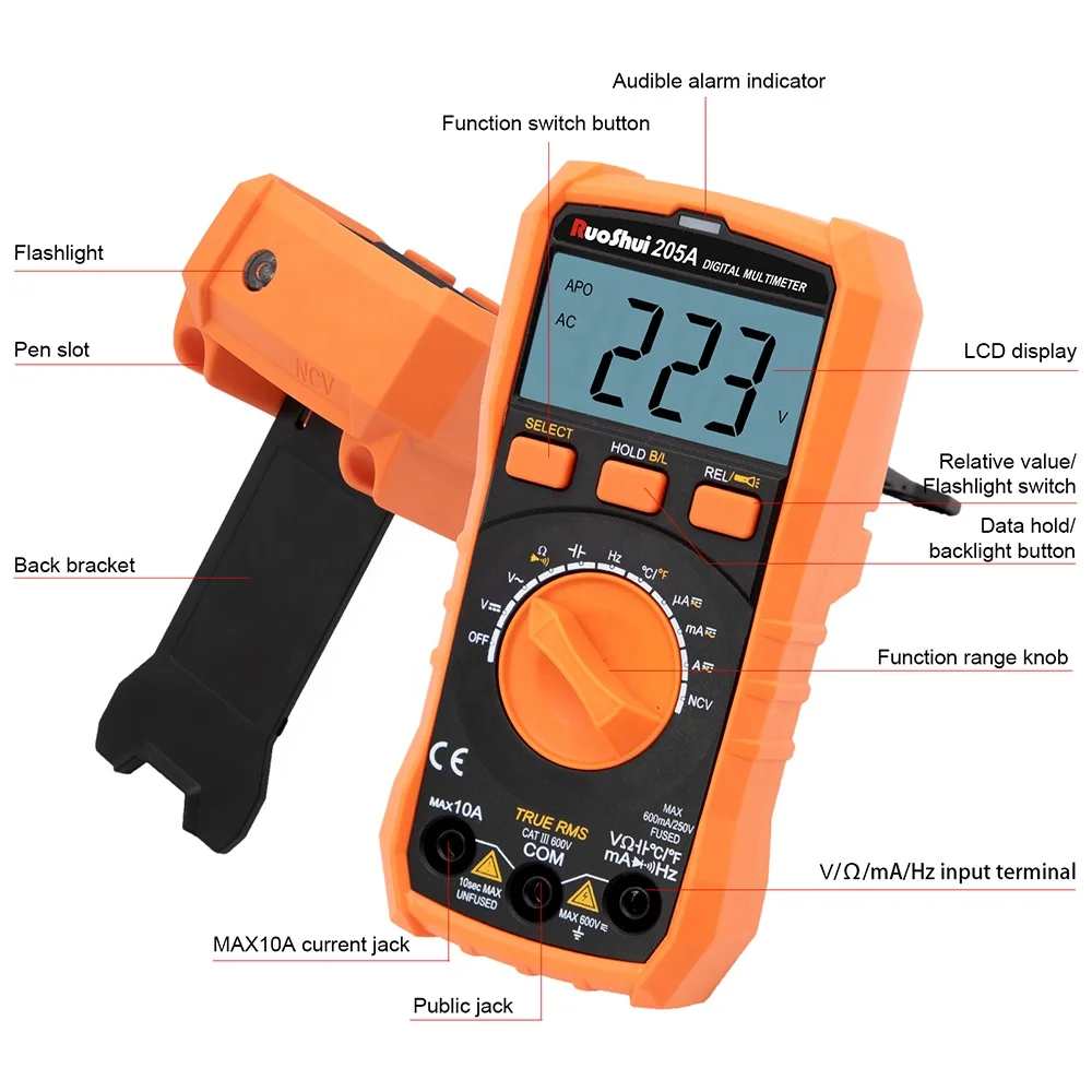 RuoShui 205A Auto Range True RMS Digital Multimeter 6000 Counts NCV LIVE Torch AC/DC Voltage Meter AC/DC Current Meter Portable