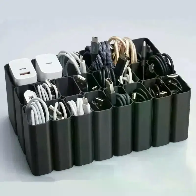 Grids USB Cable Storage Tray Wire Management Box Desktop Electronic Accessory Organizer For Home Office Holiday Present
