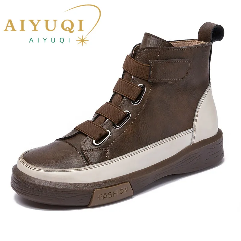 AIYUQI Women winter Shoes Flat Genuine Leather 2024 Antique  Color Matching Front Tie Ladies Boots Trend Girl Student Shoes