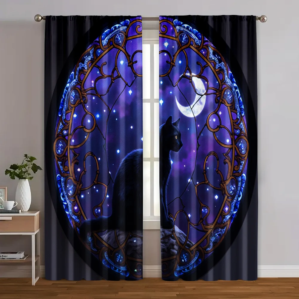 

2pcs, Curtain Fabric Adorable Cat and Moon Fabric (without rod) Room Decor Use for Bedroom & Various Living Spaces