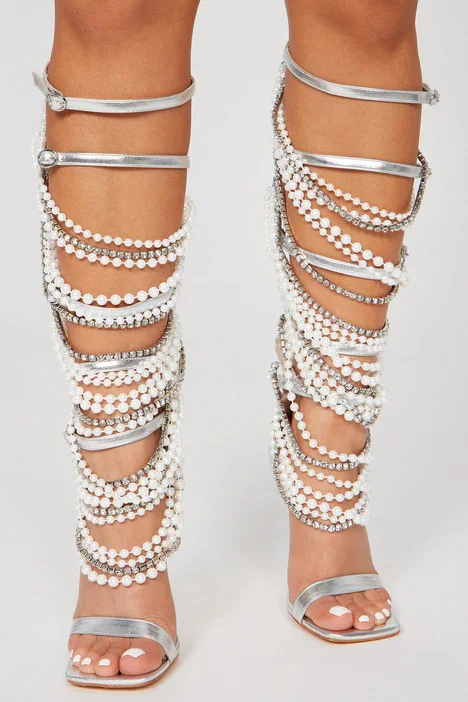 Silver White Beaded Chain High-Heeled Sandals Women Square Toe Back Zipper Stiletto Heel Buckle Strap Knee High Cool Boot