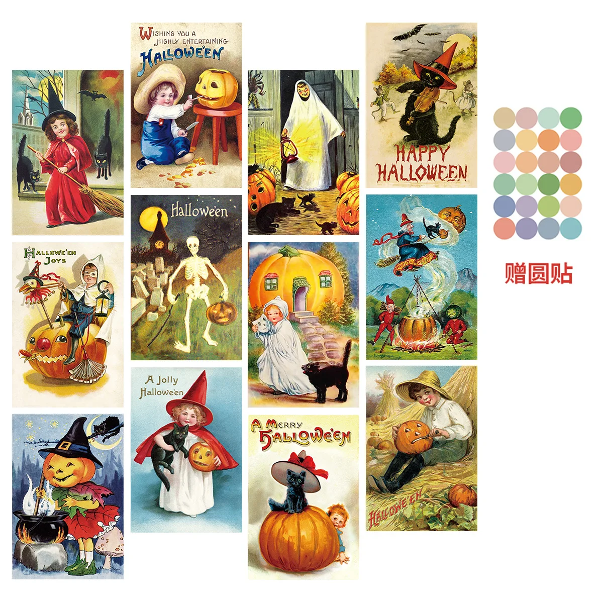 12pcs Vintage Halloween Postcards for Room Decor Pumpkin,Witch Designs Greeting Card with Dot Sticker Wall Art Poster Home Decor