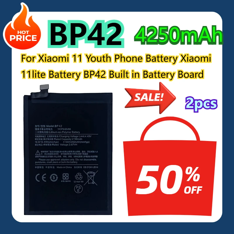 

BP42 4250 мАч для Xiaomi 11, молодежный аккумулятор для телефона Xiaomi 11lite, аккумулятор BP42, встроенная аккумуляторная плата, 2 шт.