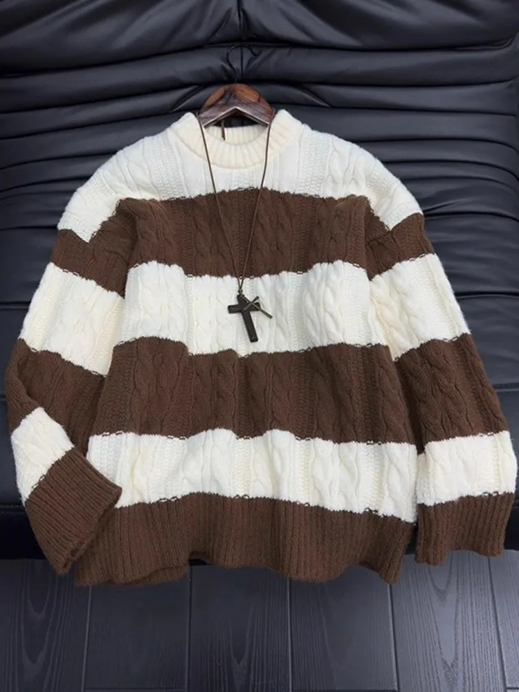 

Мужской круглый вязаный свитер Ne, повседневный полосатый узор, внутренняя одежда, осень-зима, модный студенческий свитер, ленивый матч