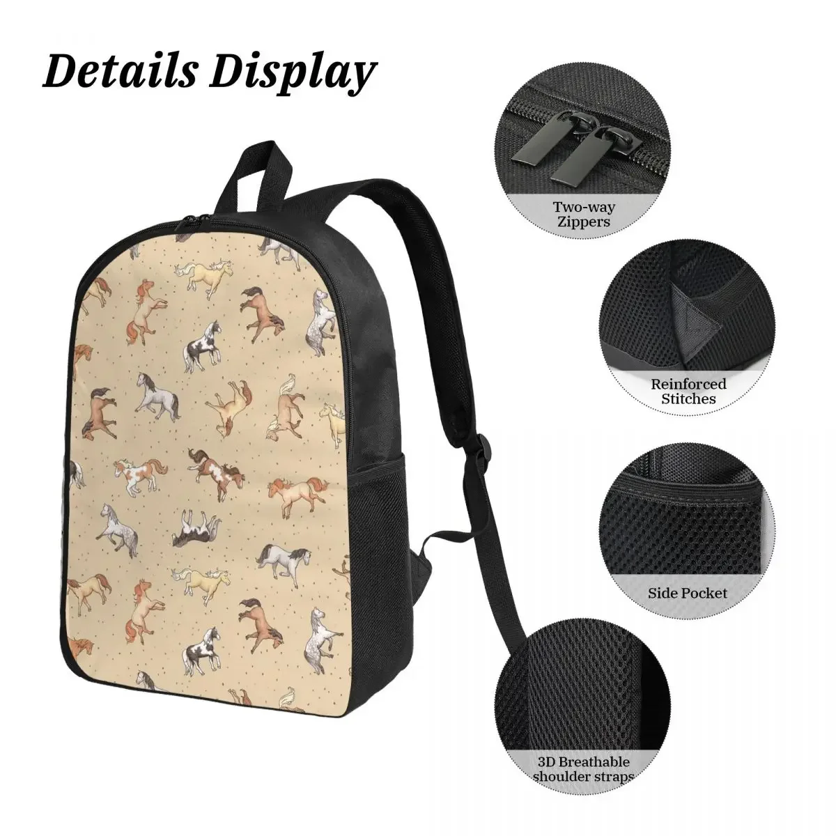 الخيول المتناثرة متقطع على ظهره رمادي داكن بنين بنات BookBag حقيبة مدرسية كمبيوتر محمول حقائب كتف 3ps معزول حقيبة الغداء مقلمة