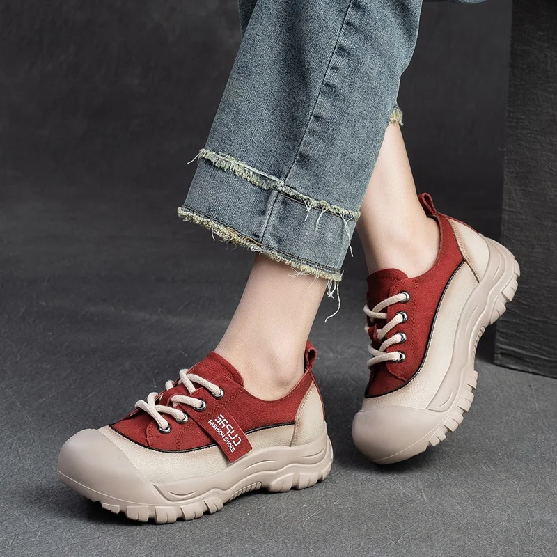 DRKANOL 2024 Women Flat Platform Shoes Mixed Colors Genuine Leather Thick Bottom Lace-Up Comfort Lightweight Casual Sneakers