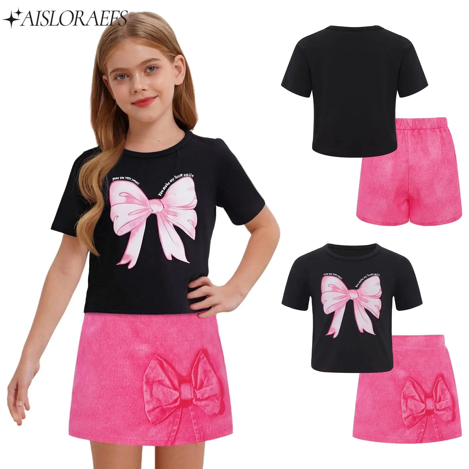 

8-12Y Girls Fashion Cute Bowknot Printed Casual Outfit Short Sleeve T-shirt+Elastic Culotte for Birthday Picnic Vacation Beach