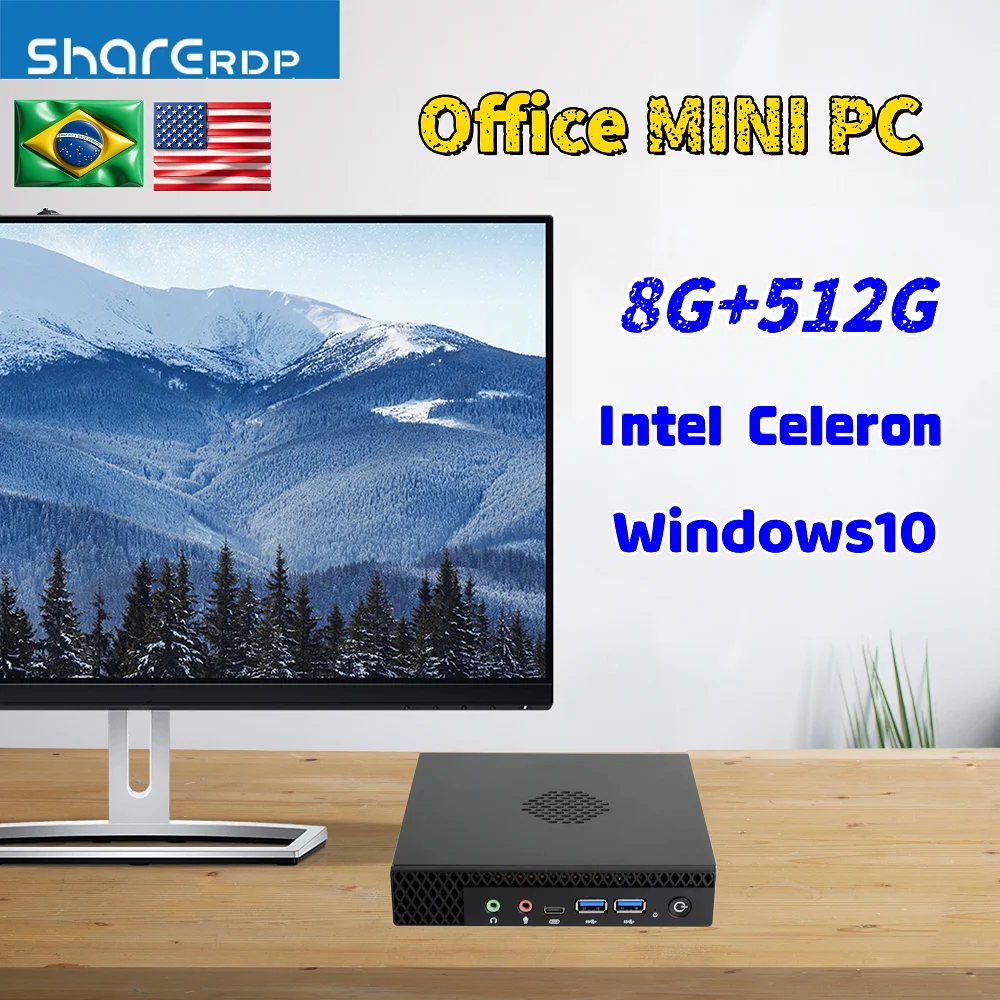 2026 New Portable Mini PC Intel Celeron Windows10 DDR4 WIFI Bluetooth MSATA Energy Conservation 8G+512G WIN10 Office MiniPC Gift