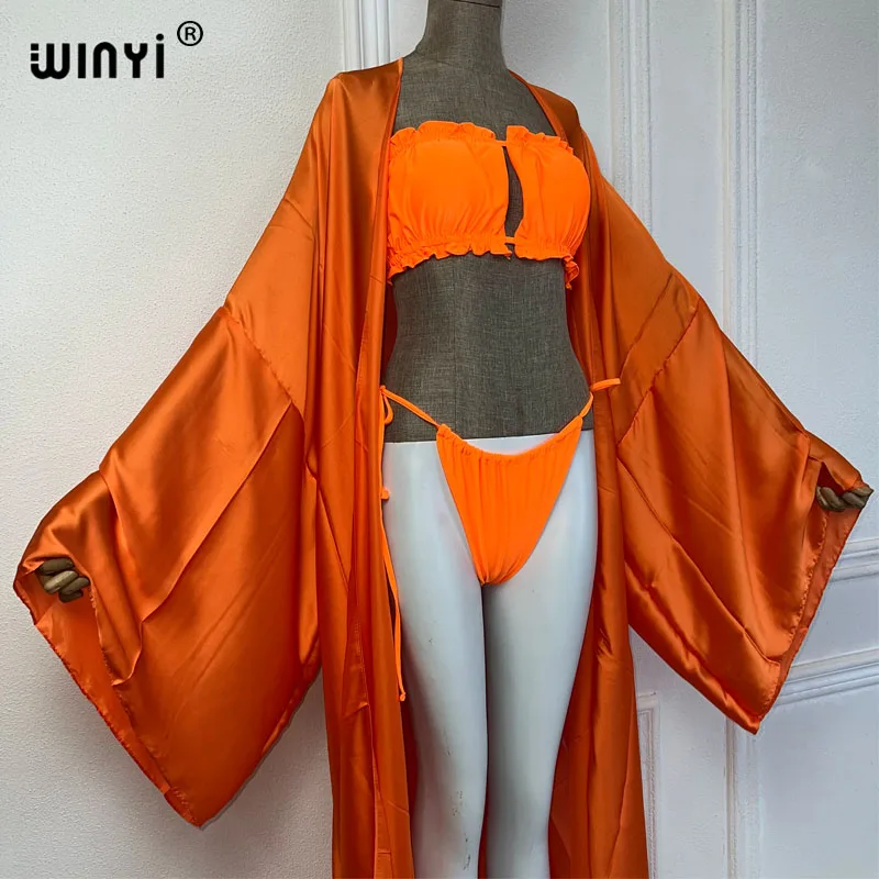 WINYI-Vestidos monocromáticos femininos, conjunto de biquíni, cardigã da moda, moda praia africana, roupas de praia encobrimento, verão 2022