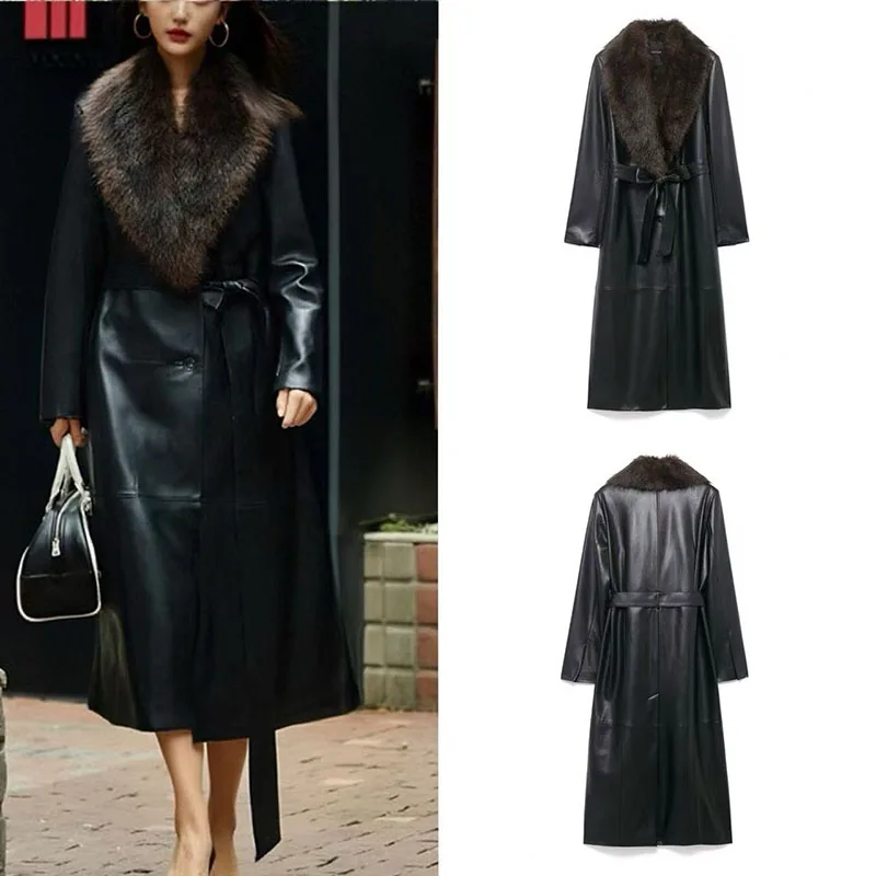 معطف نسائي طويل من الفرو الصناعي بطول 25 عامًا على الطراز الأوروبي والأمريكي مع ياقة قابلة للفصل