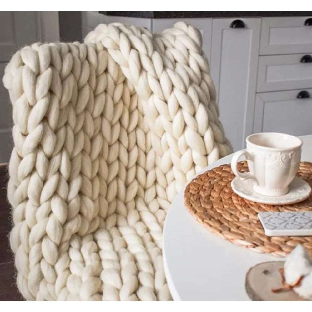 Chunky Knit Blanket Hand Made Merino Wool Throw Boho Bedroom Sofa Home Decor Giant Yarn( 60