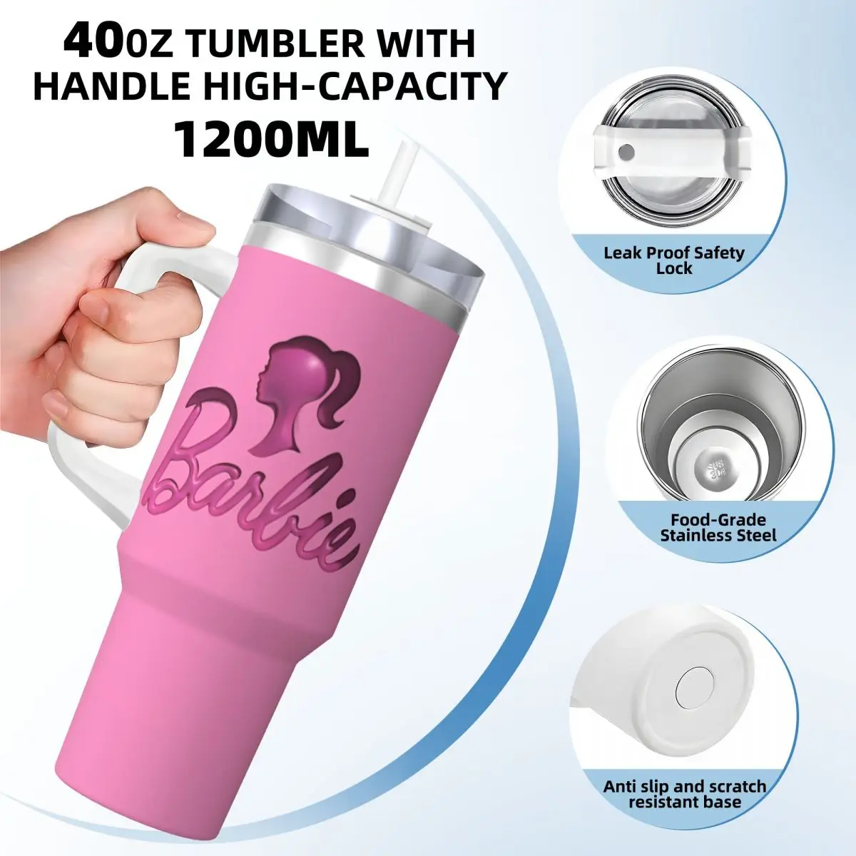 MINISO Barbie Logo Print Stainless Steel Tumbler Driving Thermal Cups With Straws and Lid Large Mugs Cup Hot Drinks Water Bottle