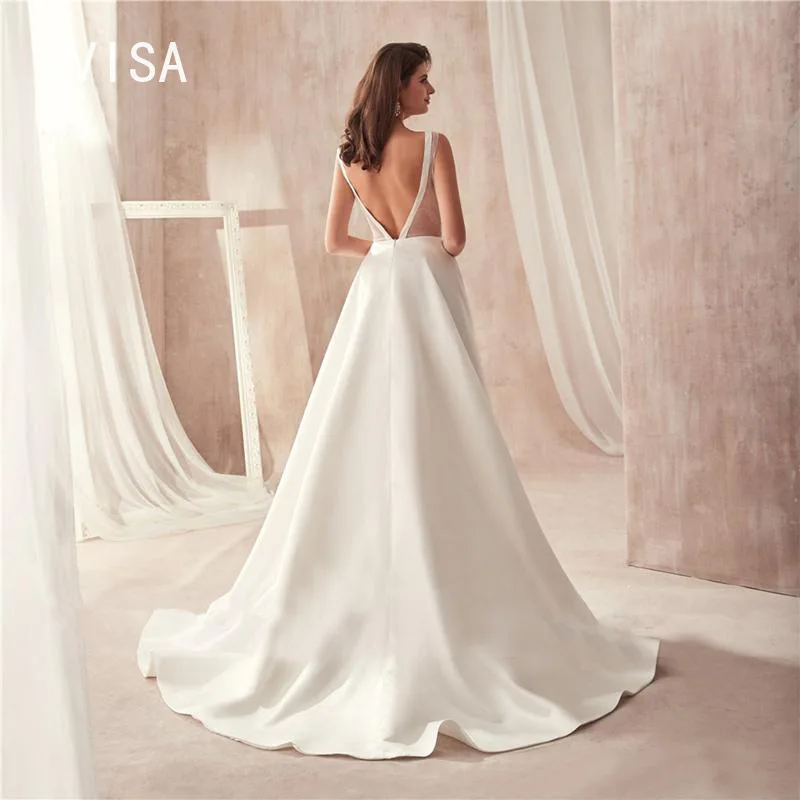 Robe de Mariée Simple à Décolmétrage en V Profond et Dos aux, Tenue avec Appliques Tachées, pour Tous les Patients