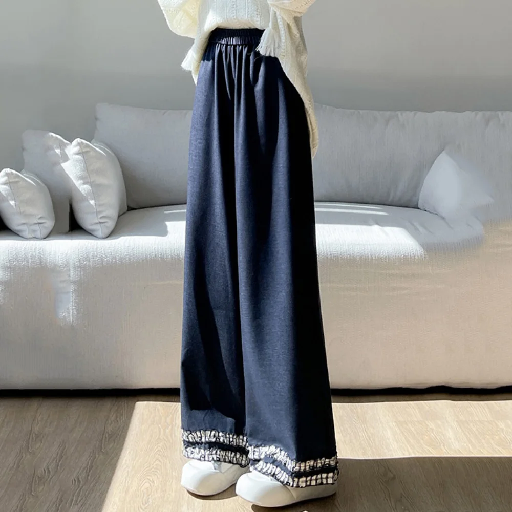 Celana Jeans Wanita Model Spliced Lembut, Fashion Musim Gugur, Pinggiran Jamur Hitam, Pinggang Elastis, Kaki Lurus, Celana Denim Wanita, Cocok untuk Semua Gaya, Celana Panjang