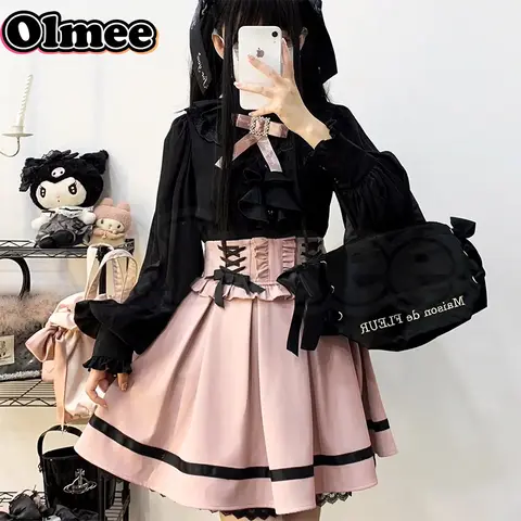 [Olmee] Jirai Kei Mine Series Double Layer Skirt Belt Lace Japanese Mass-Produced Dress Black Pink Blue Mizuiro y2k Kawaii Sweet