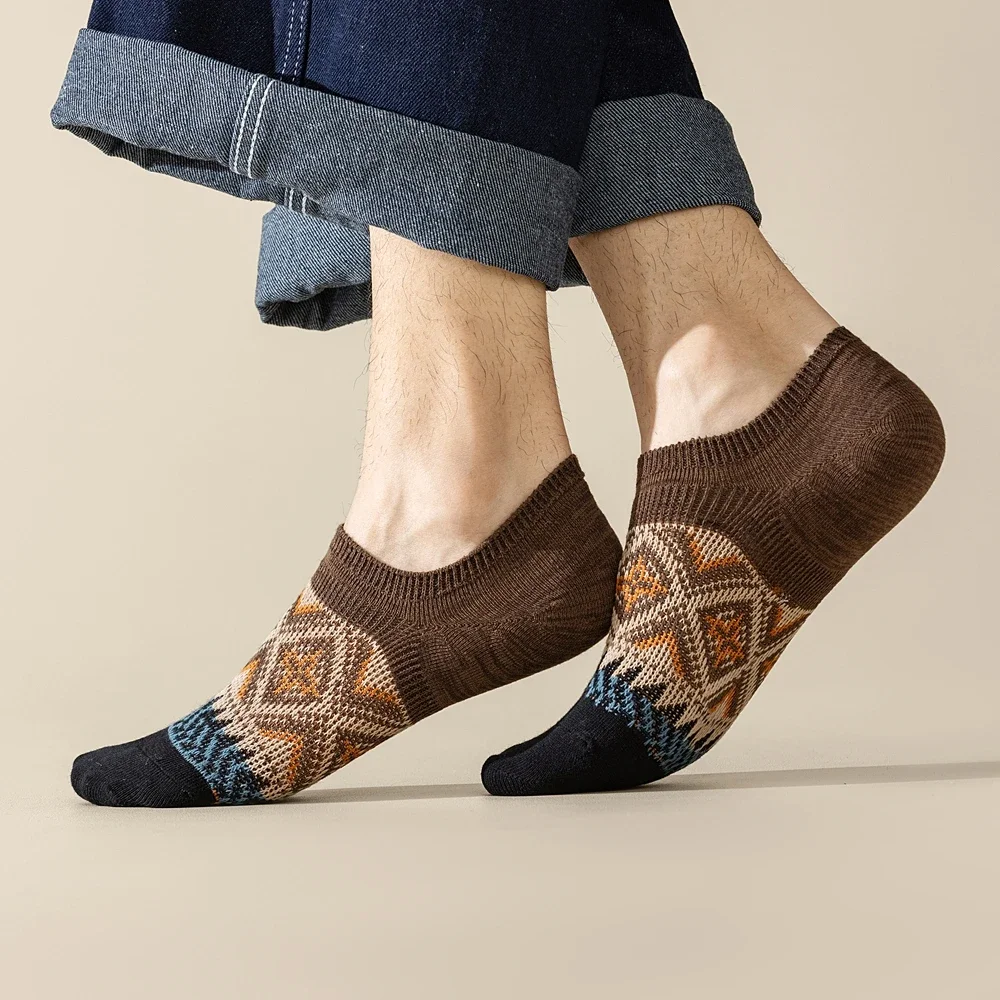 5 paia Boho National No-show Socks uomo Retro pantofole invisibili calzini Plaid calzini in cotone a taglio basso antiscivolo