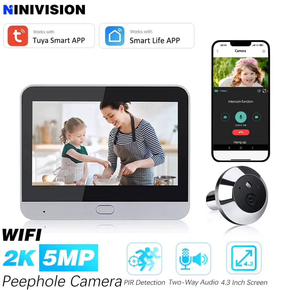 5MP Mini Digital Door Peephole Camera Tuya Smart 120° Wide Angle WiFi Doorbell PIR Detection Eye Viewer for Front Door Security