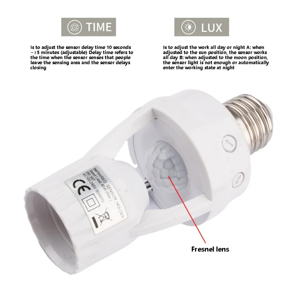 60W AC100-240V E27 Lamp Socket PIR Sensor Smart Lamp Base 10s-5min Adjustable Delay Switch 3-2000LUX Light Control