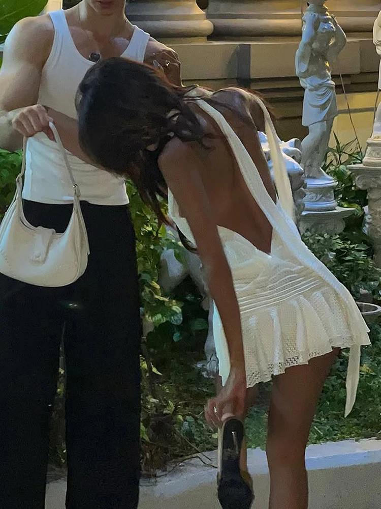 Nibber doce vestido feminino halter bandagem borla sem costas em camadas magro sem mangas ver através da festa de aniversário moda bodycon