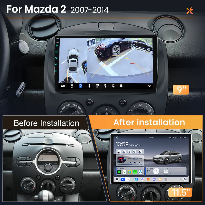 AWESAFE Radio Android de 9 pulgadas para MAZDA 2 Mazda 2 2007-2014, CarPlay inalámbrico y Android Auto, navegación GPS, soporte multimedia, control del volante, amplificador de subwoofer, cámara trasera, Plug and Play, DAB+, autoradio digital, radio de coche 2 DIN, estéreo, RDS, DSP, FM, WIFI 2