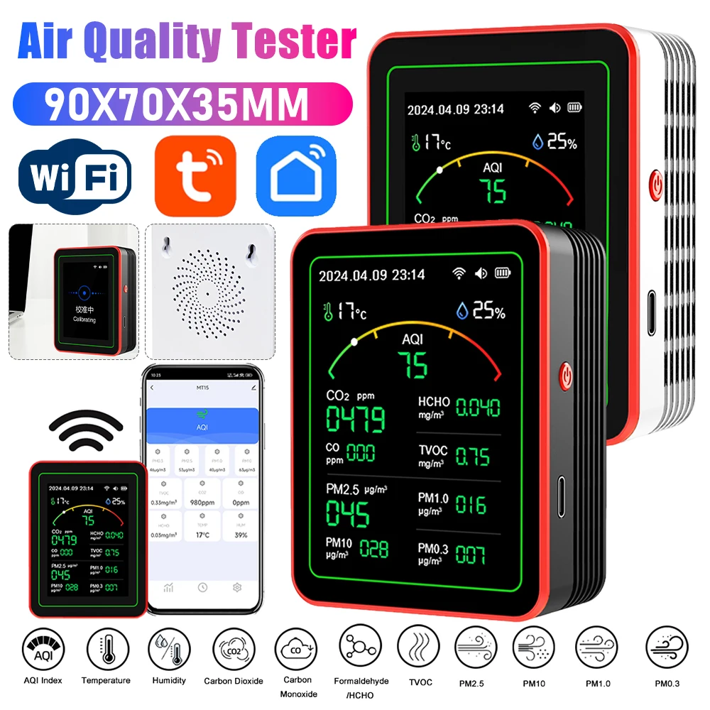 15-in-1 WiFi Air Quality Monitor Indoor/Outdoor Gas Detector With TFT Display Tester For PM0.3 PM1.0 PM2.5 PM10 CO CO2 TVOC HCHC