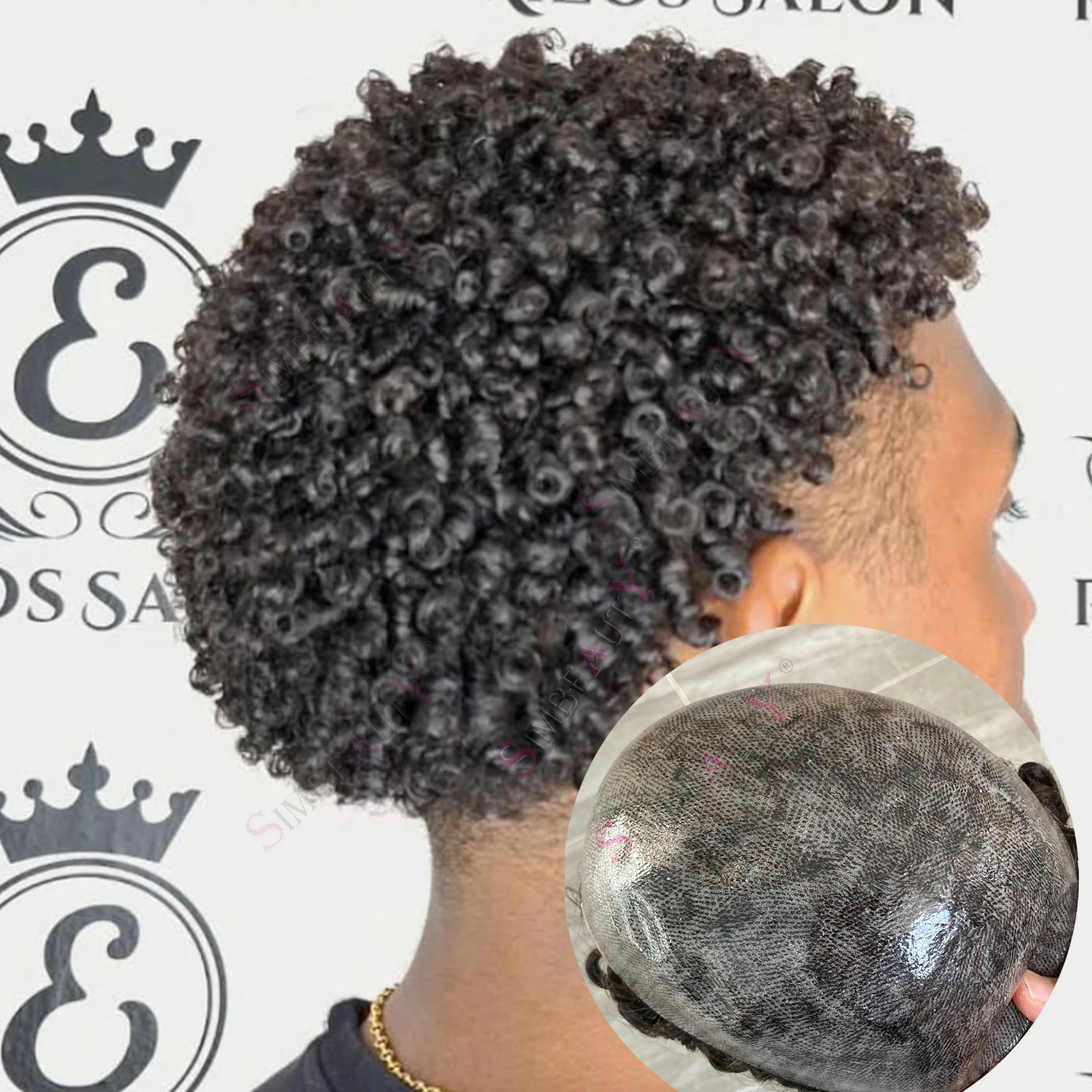 الأفرو رجل 1b80 رمادي أسود مجعد 12 مللي متر تصفيفة الشعر المستعار شعر الإنسان دائم الجلد الرجال الشعرية الاصطناعية نظام شعري طبيعي #2