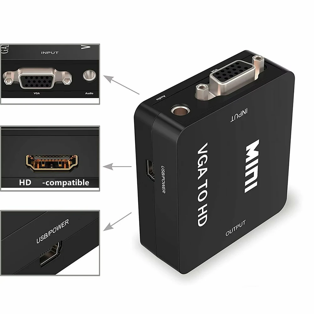 Mini VGA to HDMI-compatible Converter VGA2HDMI Video Box Audio Adapter HDTV 1080P For Notebook PC HD TV Projector TV Portable