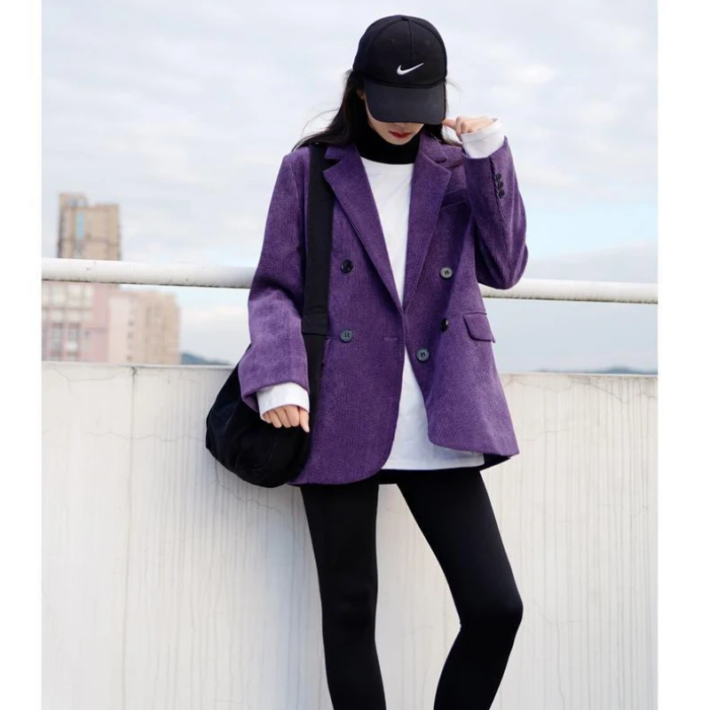 Purple Corduroy Blazer Women Autumn Winter Jacket Vestido Luxury Brand Coat Office Ladies Long Sleeve Button Stylish Suit Trend