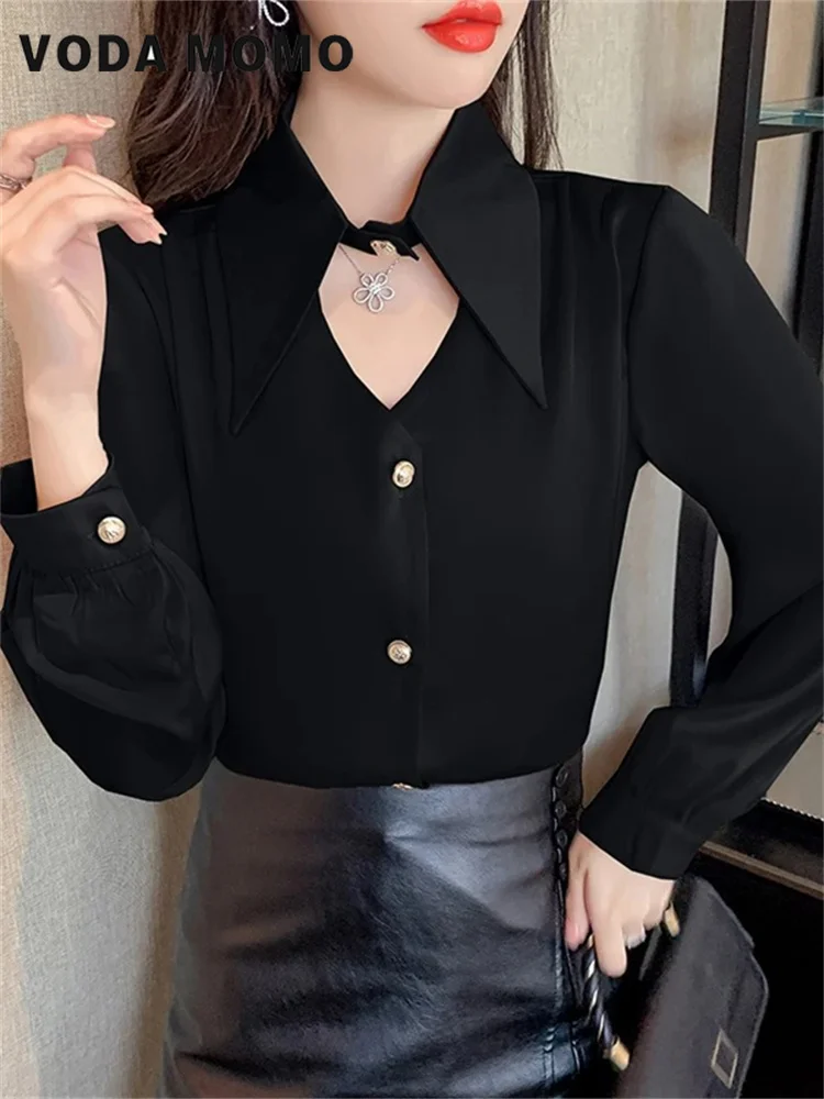 Commuting Wind New Simple Korean Vintage Satin Silk Shirt Women Fashion Blouse Elegant Female Blouse Long Sleeve Shirts Tops