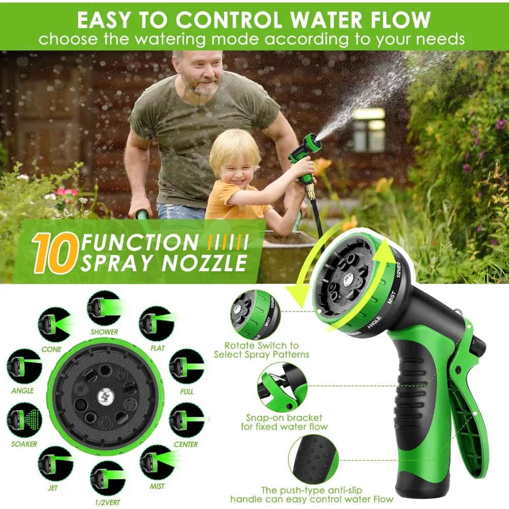 Garden Hose 100 ft, NON-EXPANDABLE Ultra Lightweight & Super Flexible Water Hose With 10-Pattern Spray Nozzle, Kink-Free Hose