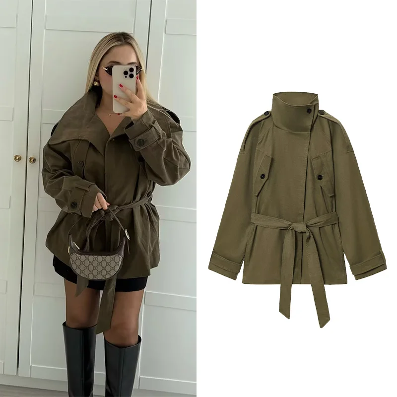 

NERHEFZ женская куртка с поясом с высоким воротником, осенняя винтажная короткая куртка с карманами на пуговицах и широкими рукавами, женские пальто, женские шикарные топы