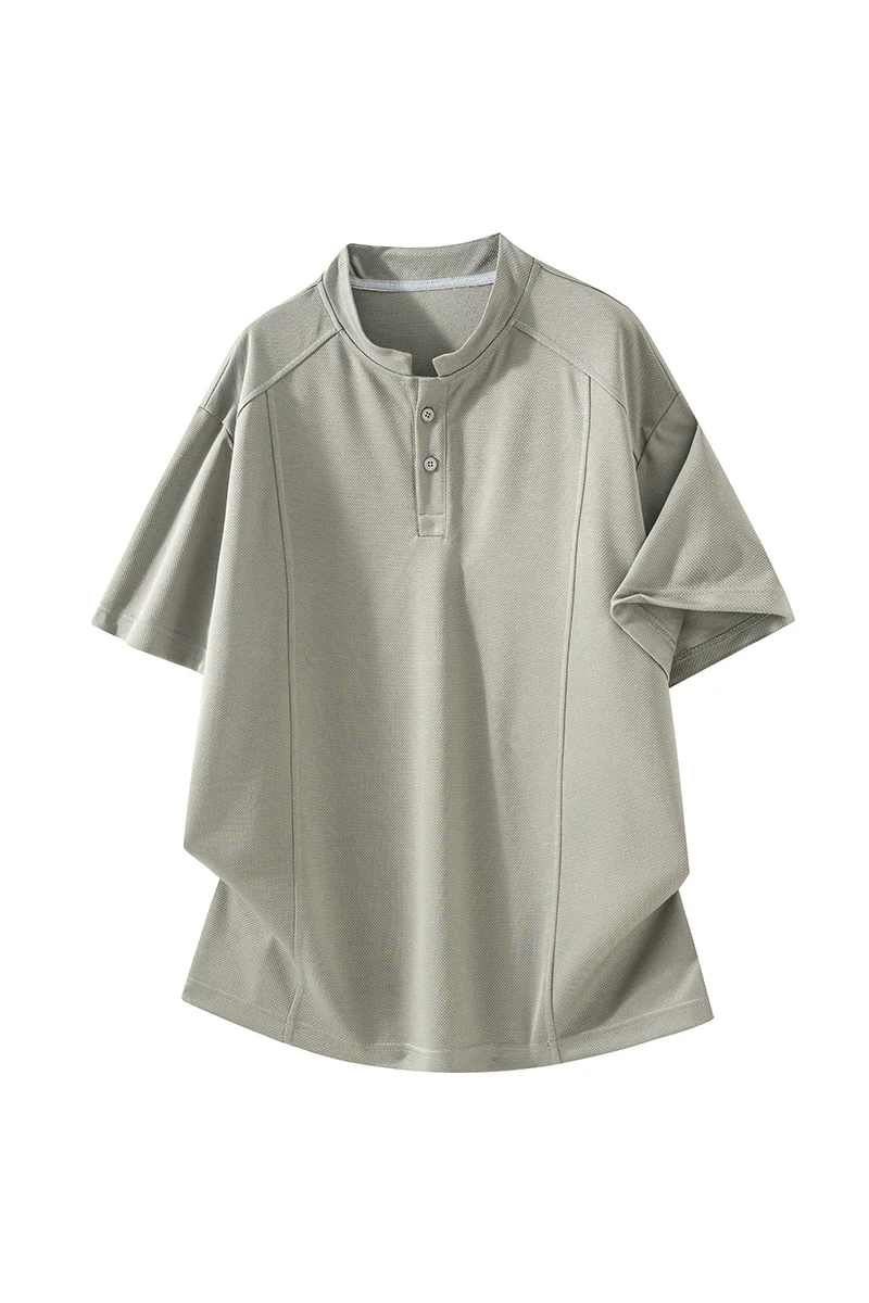 2026 Summer Men's Henry Collar Short-Sleeve T-Shirt American Retro Half-Sleeve Shirt