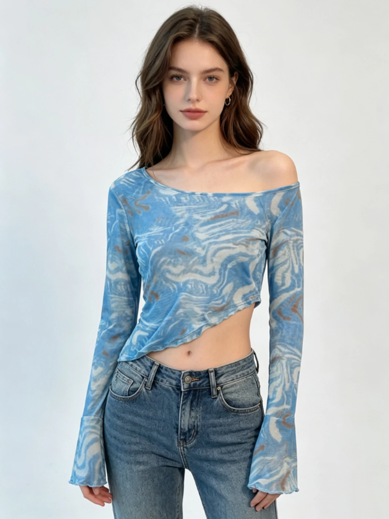 Women Blue Tie-dye T-shirt Mesh One Shoulder Long Sleeve T-shirt Top Irregular Slim Sun Protection Cover-up Tee Top Summer 2026
