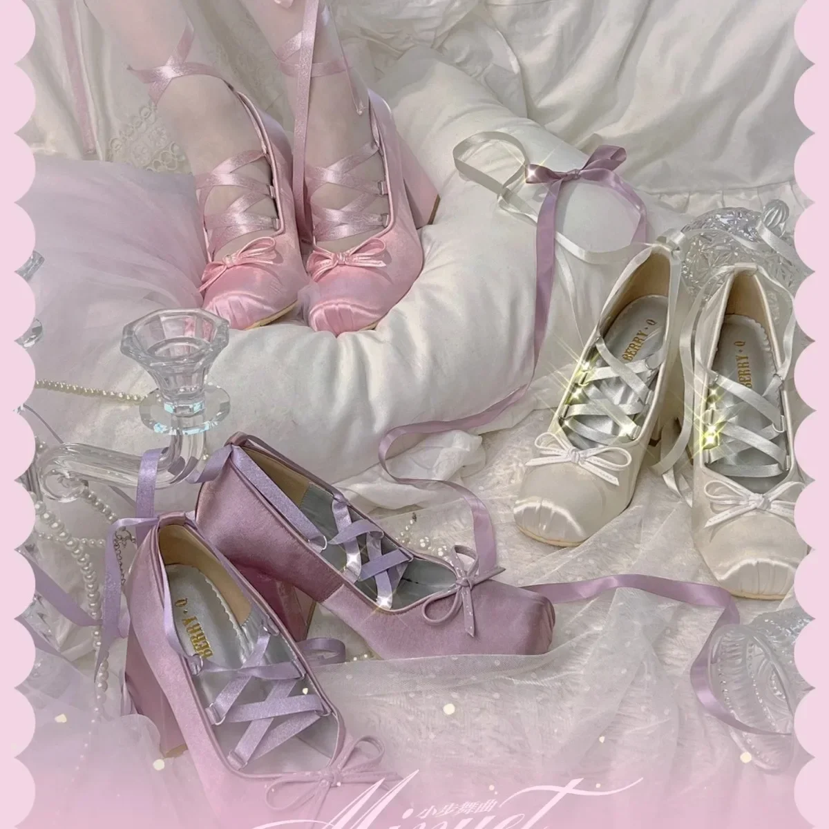 Satin Ribbon High Heels 2024 New Ballet French Girl Bow Cross Tie Versatile Princess Mary Jane Single Shoes